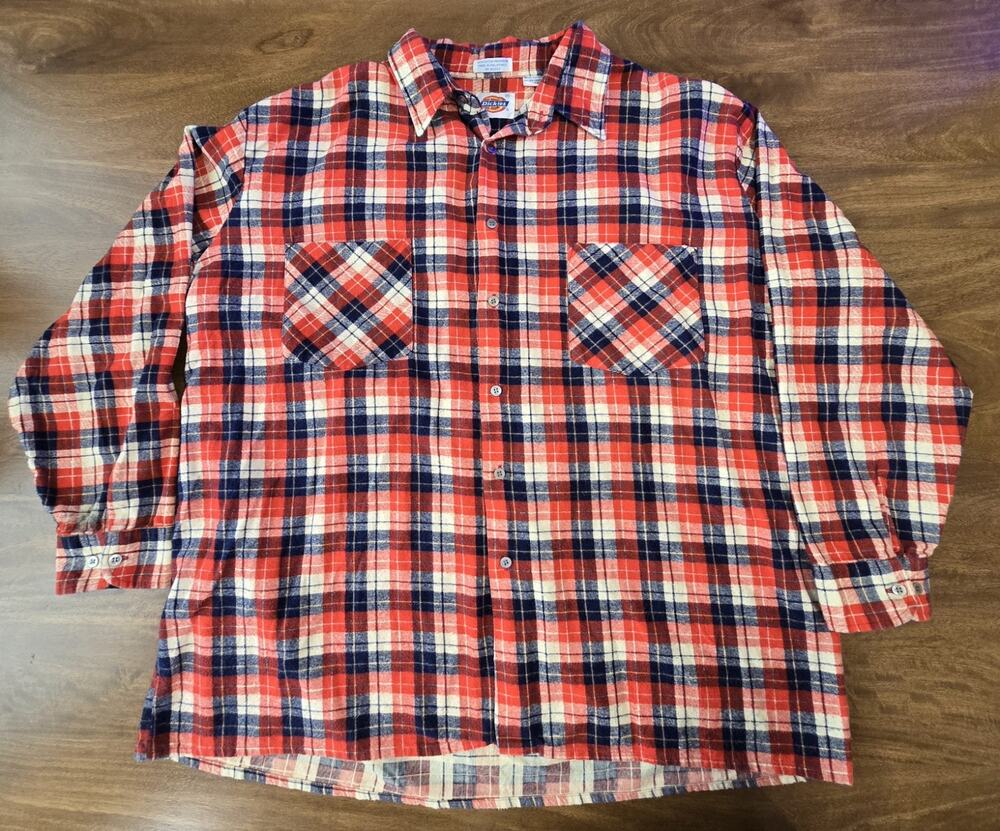 Vintage 80s 90s Dickies Plaid Flannel Shirt Mens XXL Red Blue White Cotton